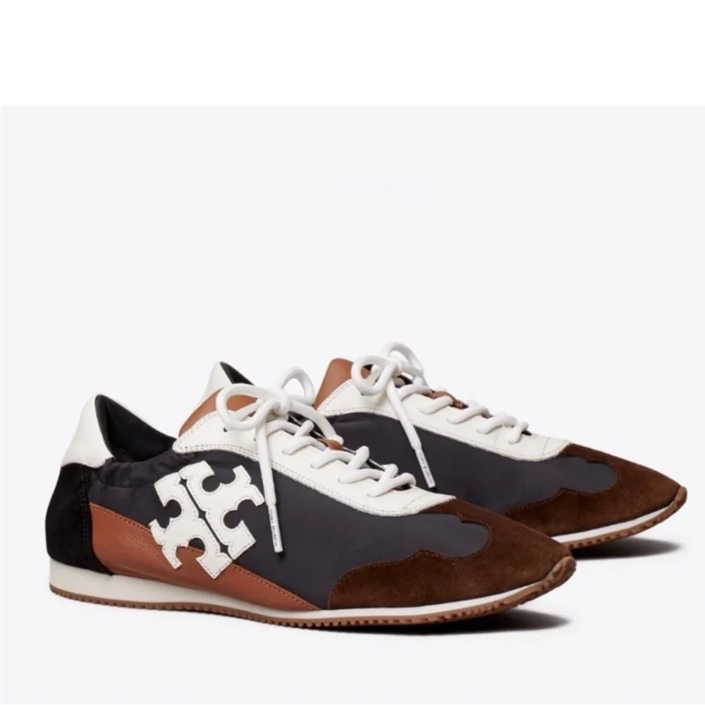 Tory Burch Destiny Trainer Nylon Leather Brown Black & White Sneaker, New - Picture 1 of 5